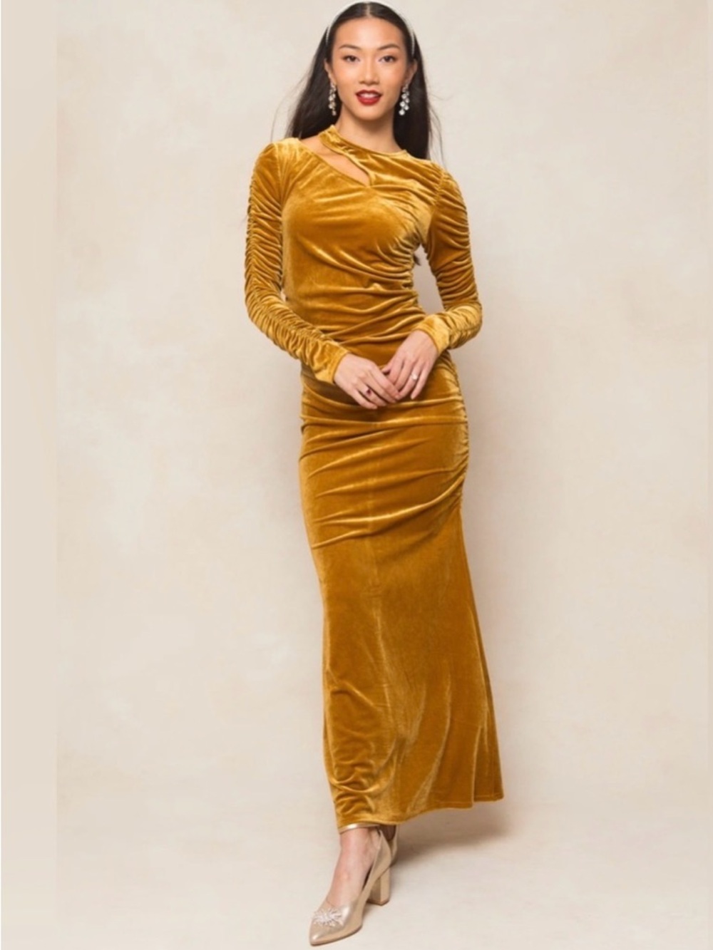 Ivy City Co Mustard Gold Velvet Ruched Maxi Dress